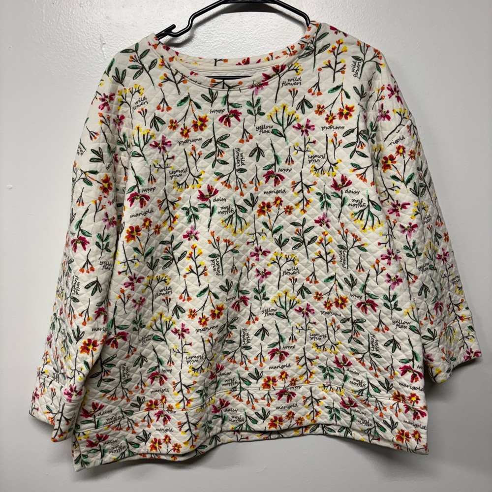 Lands End Quilted Floral Cotton Crew Neck Sweater Size XL